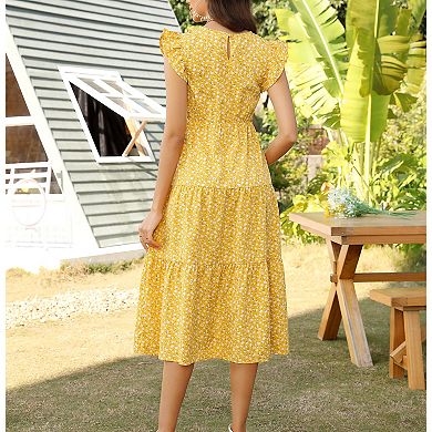 Women Maternity Flutter Short Sleeve Summer Dress Smocked Crew Neck Casual Midi Dress Baby Shower