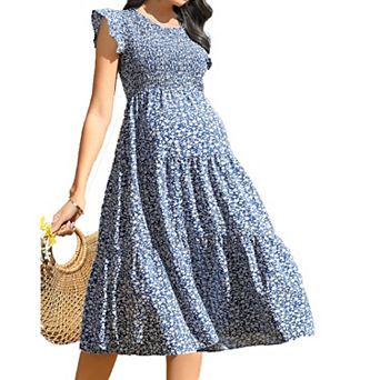 Women Maternity Flutter Short Sleeve Summer Dress Smocked Crew Neck Casual Midi Dress Baby Shower