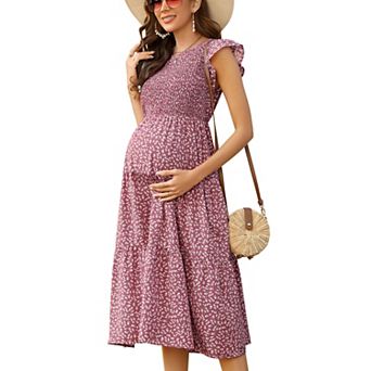Women Maternity Flutter Short Sleeve Summer Dress Smocked Crew Neck Casual Midi Dress Baby Shower