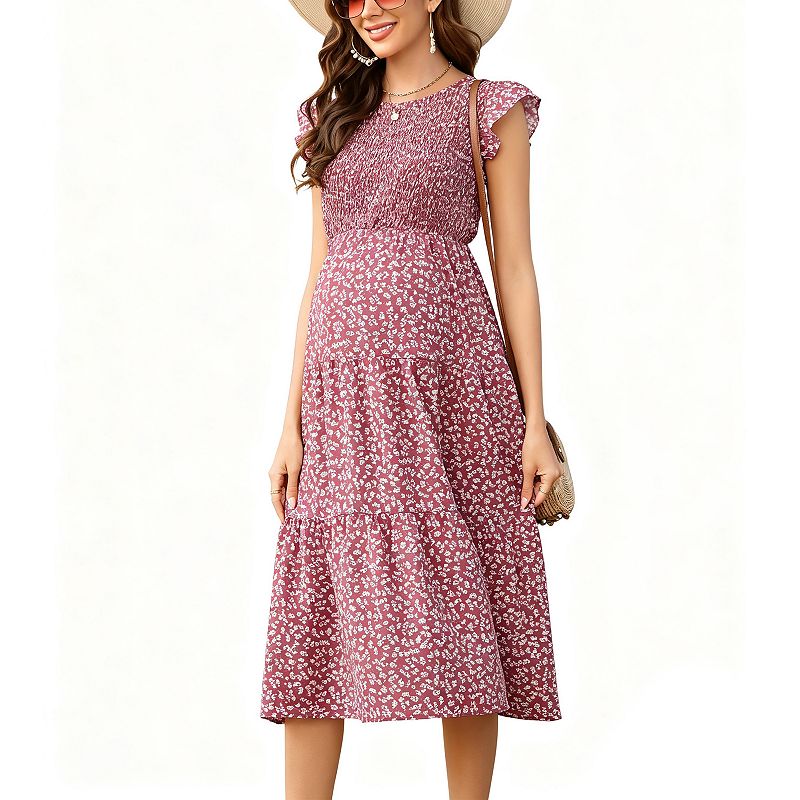 flowy a line midi dress Women Maternity Flutter Short Sleeve Summer Smocked Crew Neck Casual Dress Baby Shower Color:Burgundy/Gold it’s perfect for warm collection: summer essentials Strapless Bras For Open
