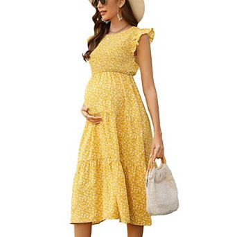 Women Maternity Flutter Short Sleeve Summer Dress Smocked Crew Neck Casual Midi Dress Baby Shower