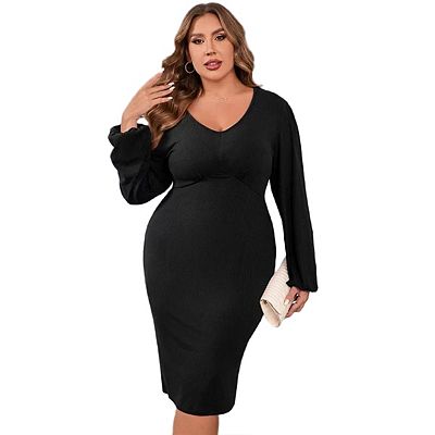Women's Plus Size Rib Knit Lantern Long Sleeves V Neck Midi Dress