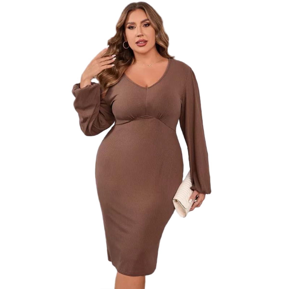 Women's Plus Size Rib Knit Lantern Long Sleeves V Neck Midi Dress