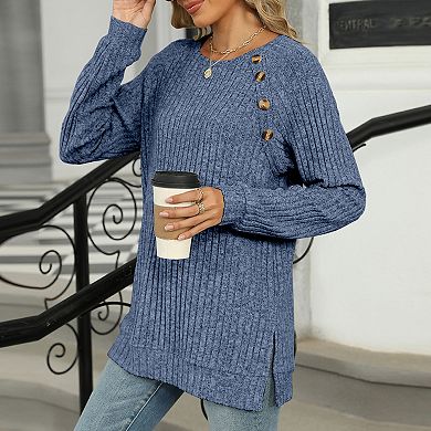 Women's Crew Neck Ribbed T-Shirt Casual Long Sleeve Top with Decorative Buttons