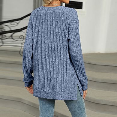 Women's Crew Neck Ribbed T-Shirt Casual Long Sleeve Top with Decorative Buttons