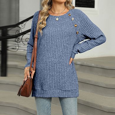 Women's Crew Neck Ribbed T-Shirt Casual Long Sleeve Top with Decorative Buttons