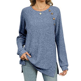 Women's Crew Neck Ribbed T-Shirt Casual Long Sleeve Top with Decorative Buttons