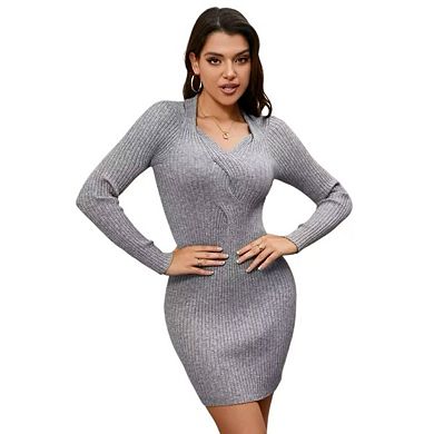 Women's V-Neck Sweater Dress Solid Color Slim Fit Long Sleeve Soft Comfort
