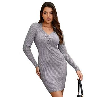 Women's V-Neck Sweater Dress Solid Color Slim Fit Long Sleeve Soft Comfort