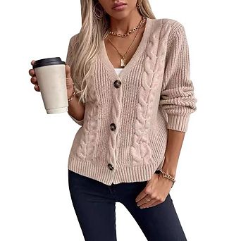 Women's Cable Knit Cardigan Vintage Single Button Soft Comfortable Long Sleeve