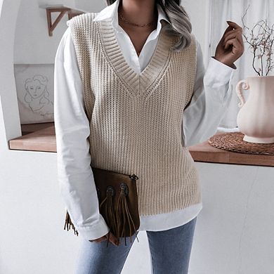 Womens V Neck Sleeveless Casual Loose Fit Knit Sweater Vest