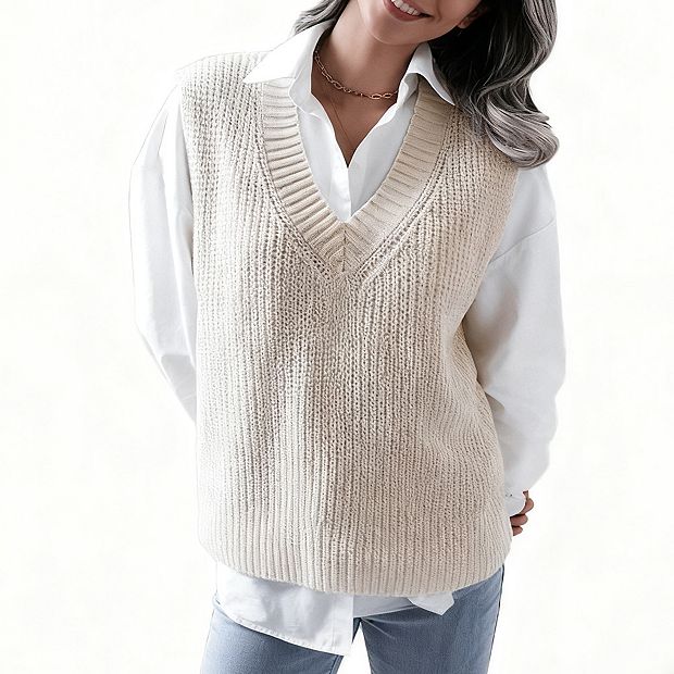 Womens V Neck Sleeveless Casual Loose Fit Knit Sweater Vest