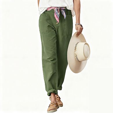 Womens Button Front High Waist Cotton Loose Fit Pocket Casual Pants