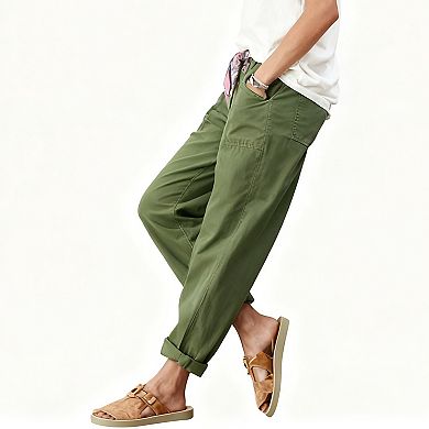 Womens Button Front High Waist Cotton Loose Fit Pocket Casual Pants
