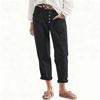 Womens Button Front High Waist Cotton Loose Fit Pocket Casual Pants