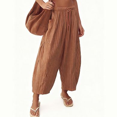 Womens Striped Elastic Waistband Cropped Pleated Wide Leg Pants
