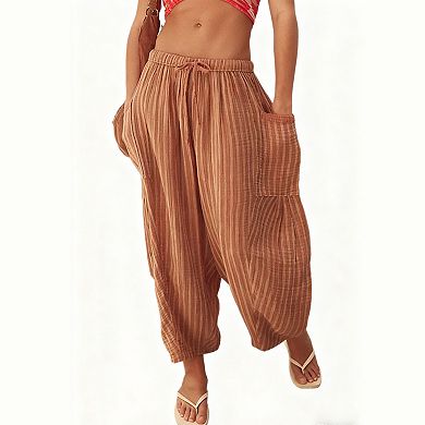 Womens Striped Elastic Waistband Cropped Pleated Wide Leg Pants