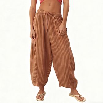 Womens Striped Elastic Waistband Cropped Pleated Wide Leg Pants