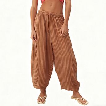 Womens Striped Elastic Waistband Cropped Pleated Wide Leg Pants