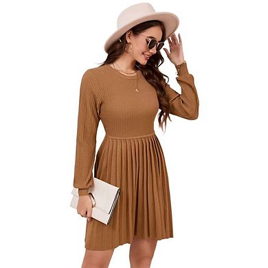 Women's Long Sleeve Mini Sweater Dress Crewneck Ribbed Knit A Line Pleated Swing Short Dresses