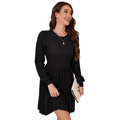Women's Long Sleeve Mini Sweater Dress Crewneck Ribbed Knit A Line Pleated Swing Short Dresses