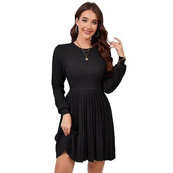 Women's Long Sleeve Mini Sweater Dress Crewneck Ribbed Knit A Line Pleated Swing Short Dresses