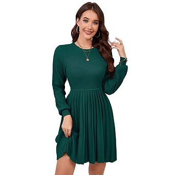 Women's Long Sleeve Mini Sweater Dress Crewneck Ribbed Knit A Line Pleated Swing Short Dresses