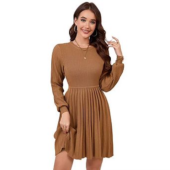 Women's Long Sleeve Mini Sweater Dress Crewneck Ribbed Knit A Line Pleated Swing Short Dresses