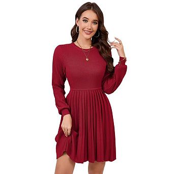 Women's Long Sleeve Mini Sweater Dress Crewneck Ribbed Knit A Line Pleated Swing Short Dresses