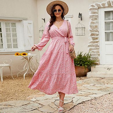 V Neck Maxi Wrap Dress for Plus Size Women Long Sleeves High Waist Ruffle Casual Belt Dress