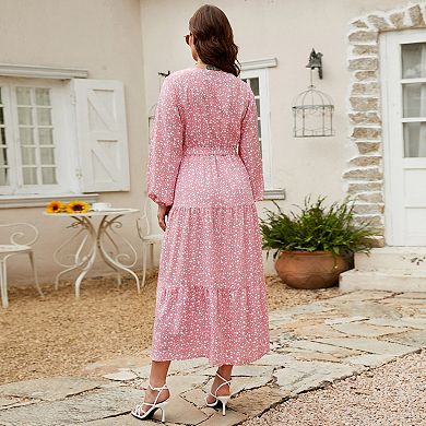 V Neck Maxi Wrap Dress for Plus Size Women Long Sleeves High Waist Ruffle Casual Belt Dress