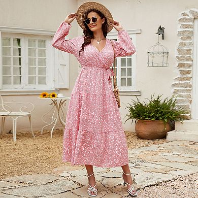V Neck Maxi Wrap Dress for Plus Size Women Long Sleeves High Waist Ruffle Casual Belt Dress