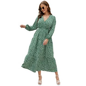 V Neck Maxi Wrap Dress for Plus Size Women Long Sleeves High Waist Ruffle Casual Belt Dress