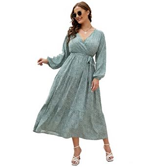 V Neck Maxi Wrap Dress for Plus Size Women Long Sleeves High Waist Ruffle Casual Belt Dress