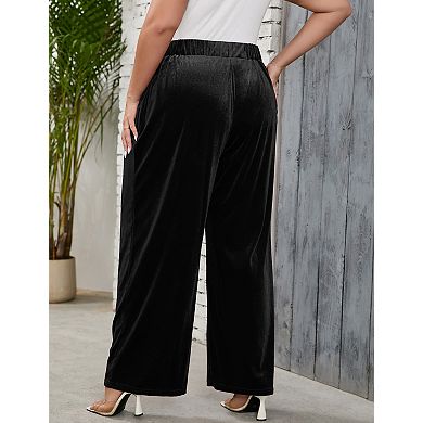 Women Plus Size Velvet Wide Leg Pants High Waisted Loose Fit Trousers with Pockets