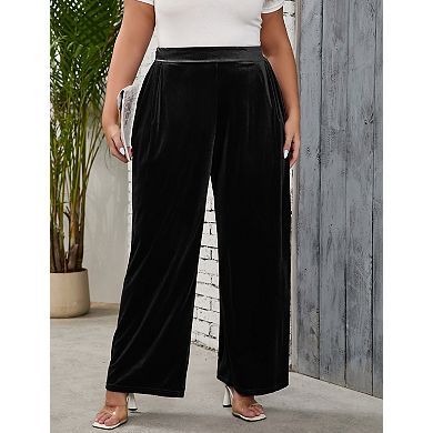 Women Plus Size Velvet Wide Leg Pants High Waisted Loose Fit Trousers with Pockets