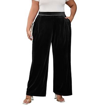 Women Plus Size Velvet Wide Leg Pants High Waisted Loose Fit Trousers with Pockets