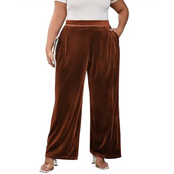 Women Plus Size Velvet Wide Leg Pants High Waisted Loose Fit Trousers with Pockets
