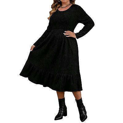 Plus Size Women Round Neck High Waist Ribbed Knit Maxi Dress with Pockets