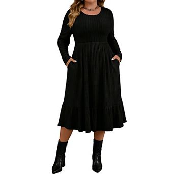 Plus Size Women Round Neck High Waist Ribbed Knit Maxi Dress with Pockets