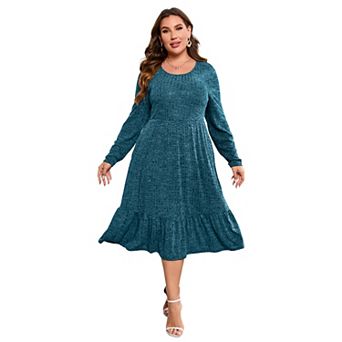 Plus Size Women Round Neck High Waist Ribbed Knit Maxi Dress with Pockets