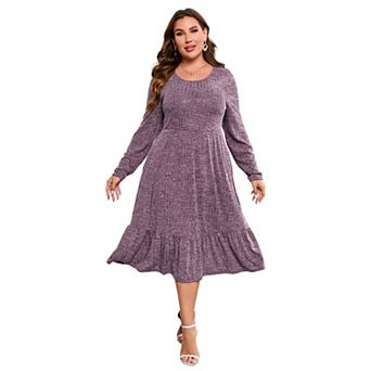 Plus Size Women Round Neck High Waist Ribbed Knit Maxi Dress with Pockets