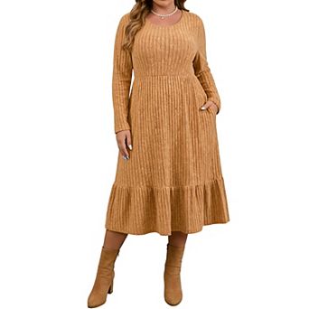 Plus Size Women Round Neck High Waist Ribbed Knit Maxi Dress with Pockets