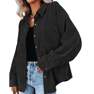 Womens Corduroy Shirt Long Sleeve Oversized Button Up V Neck Blouses Tops Loose Shacket Jacket