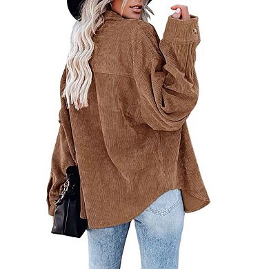 Womens Corduroy Shirt Long Sleeve Oversized Button Up V Neck Blouses Tops Loose Shacket Jacket