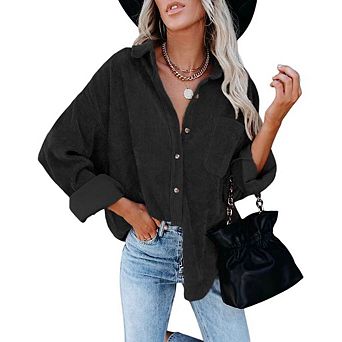 Womens Corduroy Shirt Long Sleeve Oversized Button Up V Neck Blouses Tops Loose Shacket Jacket