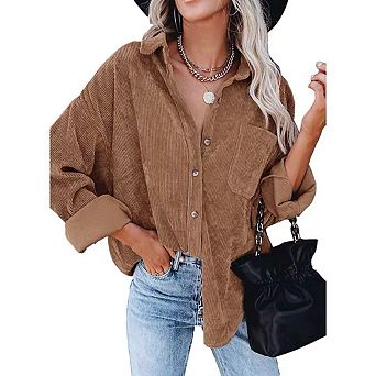 Womens Corduroy Shirt Long Sleeve Oversized Button Up V Neck Blouses Tops Loose Shacket Jacket