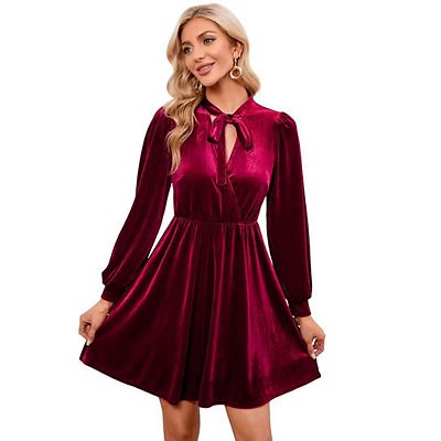 Womens Velvet Bow Tie Neck Long Sleeve High Waist Casual Loose Swing Ruffle A-Line Mini Dresses Yellow M