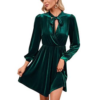 Womens Velvet Bow Tie Neck Long Sleeve High Waist Casual Loose Swing Ruffle A-line Mini Dresses