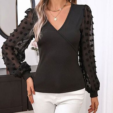 Womens V Neck Jacquard Panel Long Sleeve Slim Fit Puff Sleeve Top